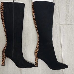 Leopard Print Black Knee-High Boots